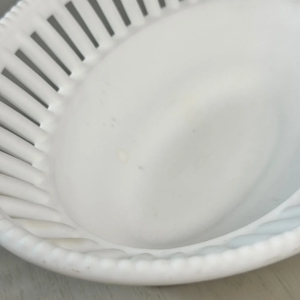 Imperial Glass White Frosted Satin Oval Bowl Reticulated Beaded Edge Vintage
